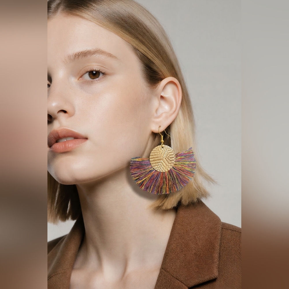 Multicolor Fringe Fan Earrings with Gold Disc
